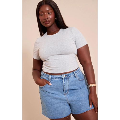 Plus T-Shirt Court En Coton Gris Chiné À Col Ras Et Manches Courtes, Gris Chiné