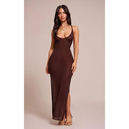 Petite Robe Longue En Maille Tricot Marron Transparente À Bretelles Fines, Marron