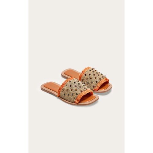 Sandales Style Mules Pointure Large Plates Rondes En Raphia Tissé Orange À Strass Et Franges, Orange - 36