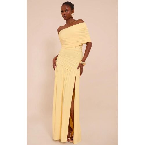 Robe Longue Moulante Jaune Citron Froncée À Col Bardot Superposé Et Épaule Unique, Jaune Citron