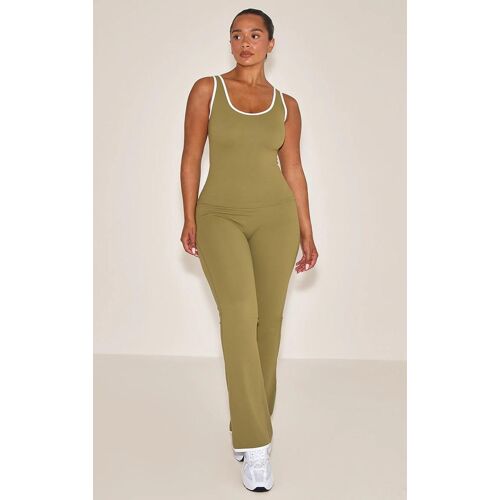 Pantalon Évasé Olive À Coupe Galbante, Effet Sculpt Actif Et Passepoil Contrastant., Kaki