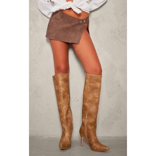Bottes Montantes En Pu Élimé Vert Olive À Bout Pointu, Marron - 36