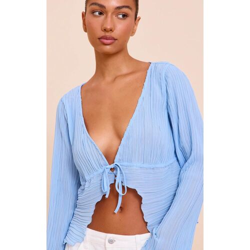 Blouse Bleu Ciel Transparente Plissée Nouée Devant, Bleu Ciel