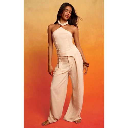 Pantalon De Tailleur Large En Effet Lin Crème Plissé, Crème