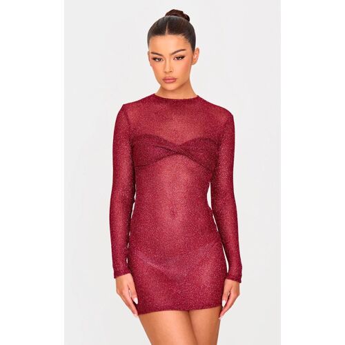 Mini Robe Côtelée Rouge Cerise Métallisée À Buste Torsadé Et Manches Longues, Rouge Cerise