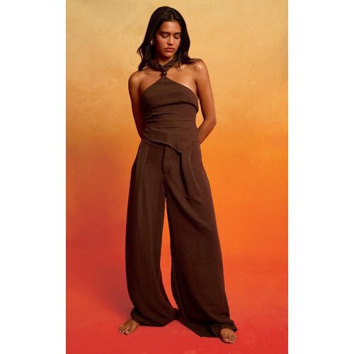 Pantalon De Tailleur Large En Effet Lin Chocolat Plissé, Chocolat