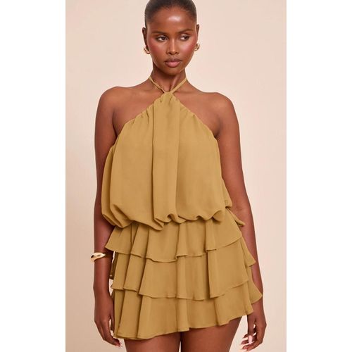 Combishort En Mousseline De Soie Vert Olive À Dos Nu Et Volants, Vert Olive