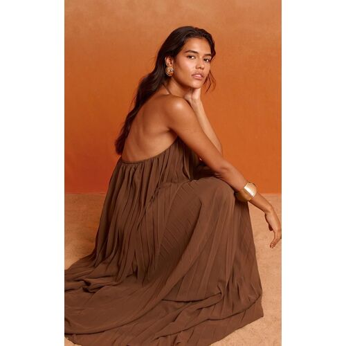 Robe Longue En Mousseline De Soie Chocolat Plissée À Dos Nu, Chocolat