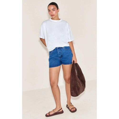 Short Mom Bleu Foncé À Taille Haute Et Coutures Contrastantes, Bleu Foncé