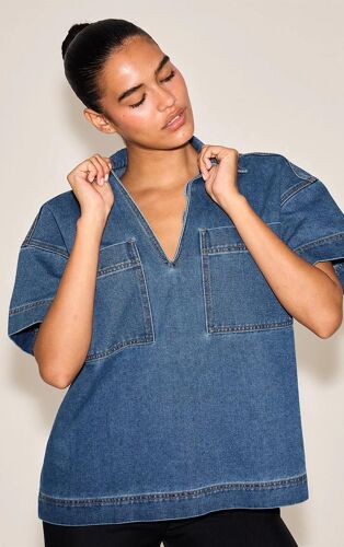 Chemise Style Rugby En Jean Bleu Foncé À Manches Courtes Et Poches, Bleu Foncé