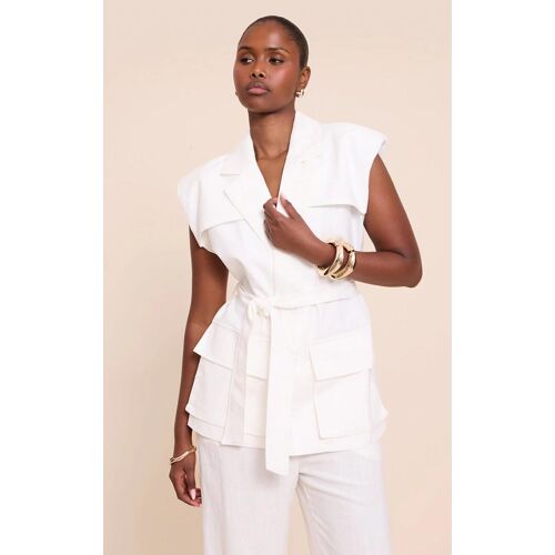 Gilet Style Utilitaire En Effet Lin Crème À Taille Nouée, Crème