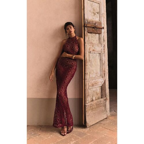 Plt Label Robe Longue En Maille Style Crochet Rouge Foncé À Col Montant Et Dos Ouvert, Rouge Foncé