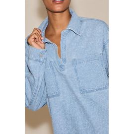 Chemise Oversize En Jean Bouclé Bleu Clair, Bleu Clair