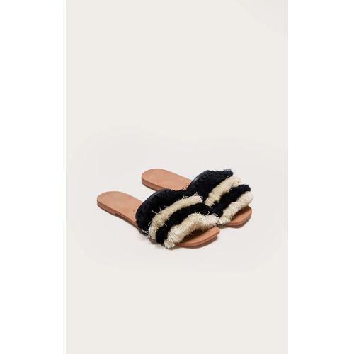 Sandales Style Mules Noires Et Crème À Franges Et Bout Carré, Multicolore - 36