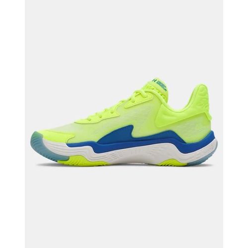 Chaussures De Basketball Under Armour Spawn 7 Unisexe High Vis Jaune Bleu Atlantis Metallique Bleu Calm