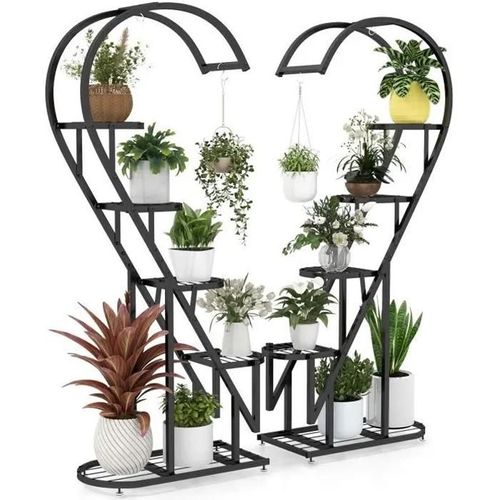 Costway Lot De 2 Supports Pour Plantes En Métal-Crochet, Étagère À Fleurs Porte Plantes En Forme De Demi-C?ur - Salon, Balcon-Noir