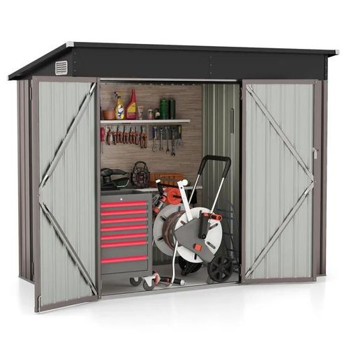 Abri De Jardin En Métal Extérieur Costway-235x117x185cm 5,1 ¿-Double Portes-Toit Incliné-Serrures,2 Clés-2 Paires Gants-Gris Chaud