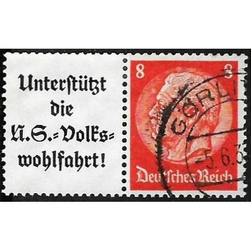 Allemagne, 3ème Reich 1933 / 36, Beau Timbre Yvert 488, Maréchal Hindenburg 8pf Orange, Avec Vignette Pour Le Nsv - Caisse De Bienfaisance Du Régime Nazi Oblitéré Cachet Rond Surement De Gorlitz -Saxe