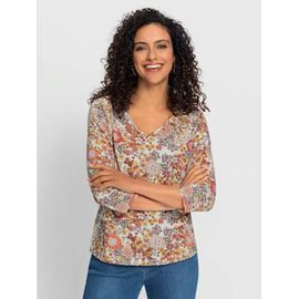 T-Shirt En V Viscose - - Écru-Papaye Imprimé