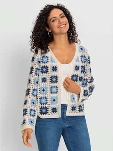 Veste En Tricot Aspect Crochet - - Écru-Bleu Jean