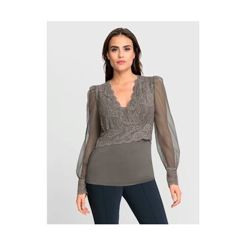 T-Shirt À Manches Longues Jolie Dentelle Sur L'encolure - Ashley Brooke - Taupe