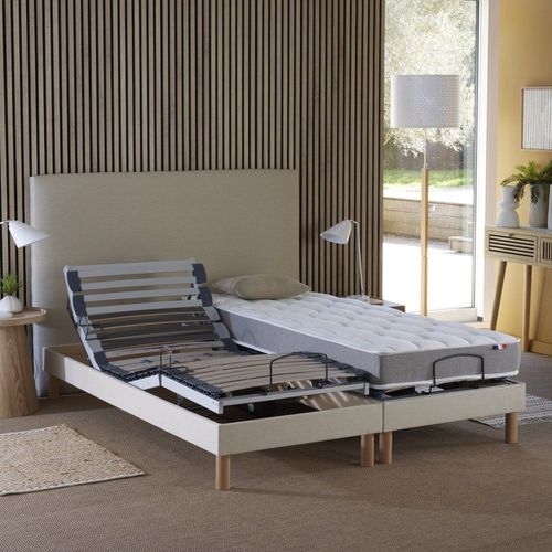 Sommier électrique beige et matelas mémoire forme 2x70 x190