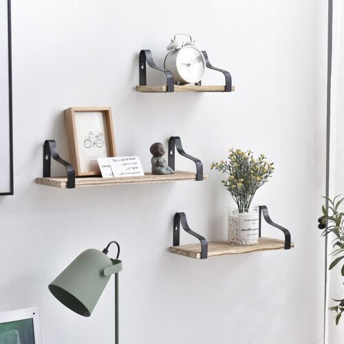 Set de 3 étagères murales en métal noir et bois de paulownia