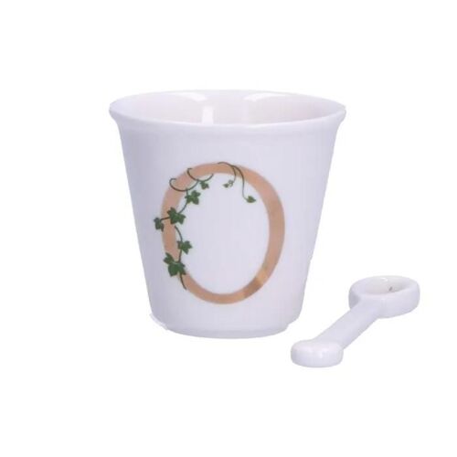 Tasse Avec Cuillère - Unico - 75 Ml - Motif Floral - Lettre O - Porcelaine Blanche