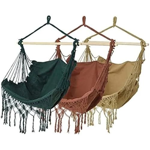 Hamac De Jardin - Prgn - 30 X 130 X 100 Cm - Polyester - Bois - Franges - Marron Sable/Vert/Rouge