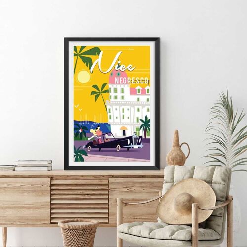 Affiche vacances à Nice avec cadre noir 30x45 cm