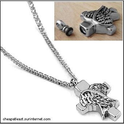 Collier Sautoir Avec Pendentif Crucifix Ailé (Croix + Aile) Ange Urne Fiole - Métal Argenté -Tags: Cendres Eau Bénite Bijou Cinéraire Funéraire Souvenir