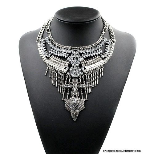 Imposant Collier Plastron Phénix En Métal Argenté (Couleur Argent Tibétain Vieilli) Breloques Strass Cristal Baroque Ethnique Soirée Clubbing Steampunk