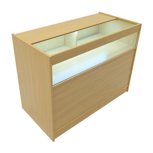 Comptoir De Vente En Mdf Érable Led Blancs Intégrés B1200 3 Étagères Portes Coulissantes Verouillables Rangement Commerciale Vitrine En Verre Acceuil Réception Bureau Vêtements Bijoux [2 Clés Inclus]