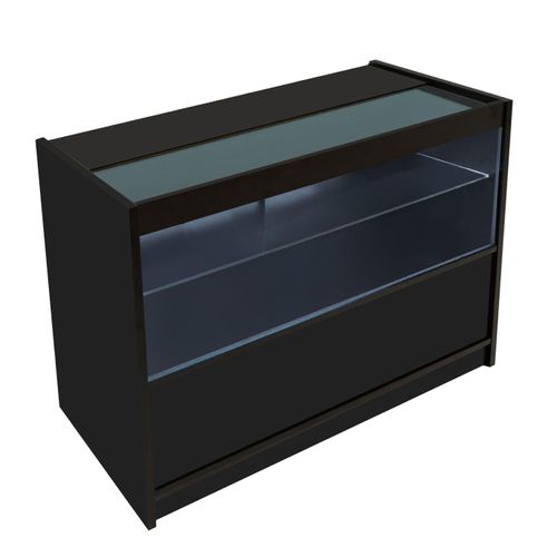 Comptoir De Vente En Mdf Noir Led Blancs Intégrés C1200 3 Étagères Portes Coulissantes Verouillables Rangement Commerciale Vitrine En Verre Acceuil Réception Bureau Vêtements Bijoux [2 Clés Inclus]