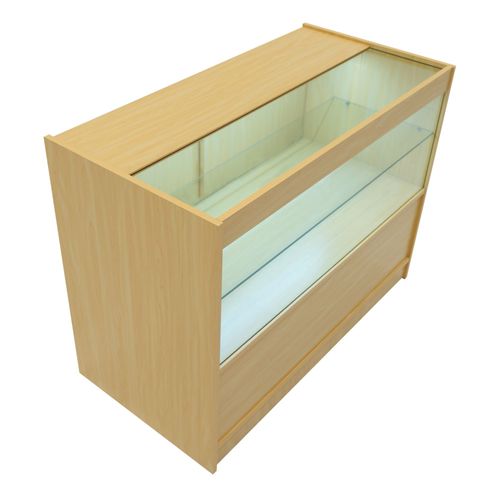 Comptoir De Vente En Mdf Érable Led Blancs Intégrés C1200 3 Étagères Portes Coulissantes Verouillables Rangement Commerciale Vitrine En Verre Acceuil Réception Bureau Vêtements Bijoux [2 Clés Inclus]