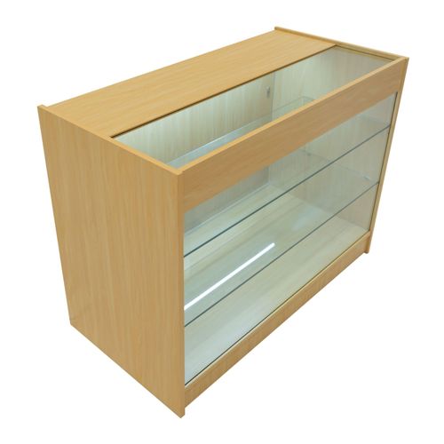 Comptoir De Vente En Mdf Érable Led Blancs Intégrés K1200 3 Étagères Portes Coulissantes Verouillables Rangement Commerciale Vitrine En Verre Acceuil Réception Bureau Vêtements Bijoux [2 Clés Inclus]