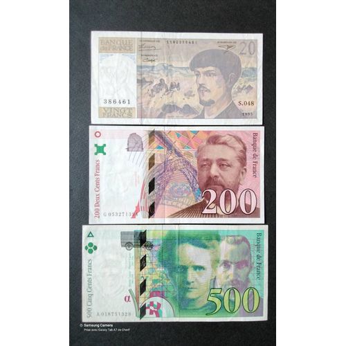 Lot De 3 Billets De Banque En Très Bon État 500fr P&M Curie & 200fr Eiffel & 20fr Debussy