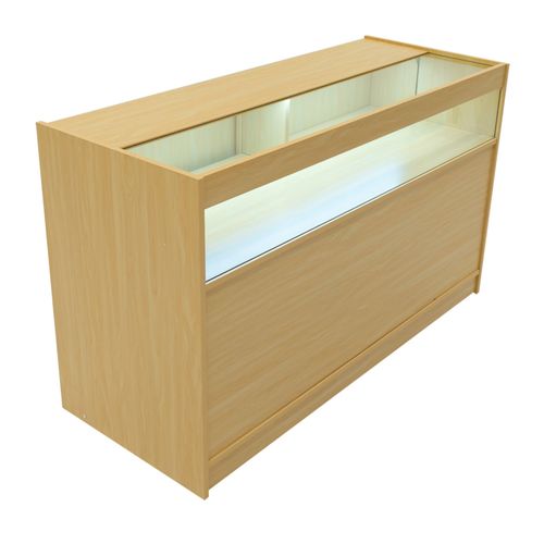Comptoir De Vente En Mdf Érable Led Blancs Intégrés B1500 3 Étagères Portes Coulissantes Verouillables Rangement Commerciale Vitrine En Verre Acceuil Réception Bureau Vêtements Bijoux [2 Clés Inclus]
