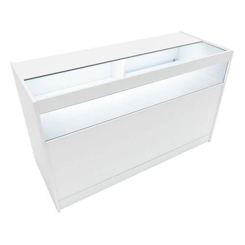 Comptoir De Vente En Mdf Blanc Led Blancs Intégrés B1500 3 Étagères Portes Coulissantes Verouillables Rangement Commerciale Vitrine En Verre Acceuil Réception Bureau Vêtements Bijoux [2 Clés Inclus]