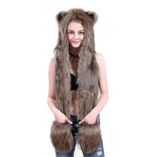 Loup Fausse Fourrure Partie Animal Chapeau Écharpe Gants Mitaines Pour Femmes Hommes 3-En-1 Flush Furry Hoodie Chapeaux Doux Chaud Cap Oreille Rabat Bonnet(A)