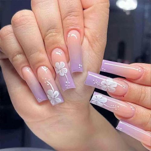 Presse Longue Ongles Rose Carré Français Faux Ongles Ongles D'été Violet Couverture Complète Acrylique Scintillant Faux Ongles Strass 3d Fleur Design Ongles Carrés F 