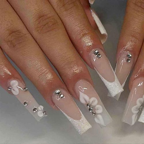 Ongles Extra Longs Pressés Blancs,Faux Ongles En Acrylique Cercueil Motif Fleur De Cristal Faux Ongles,Faux Ongles Pour Femmes Et Filles,24 Pièces 