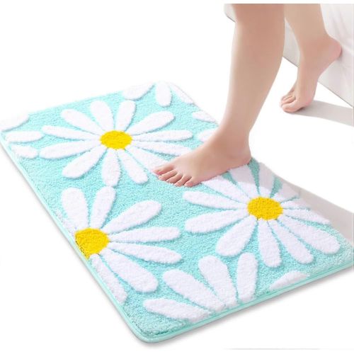Tapis de bain vert Tapis fleur blanche 40 x 60 cm,tapis de bain antidérapants pour salle de bain,tapis en microfibre douce,tapis lavable en machine tapis de bain durable