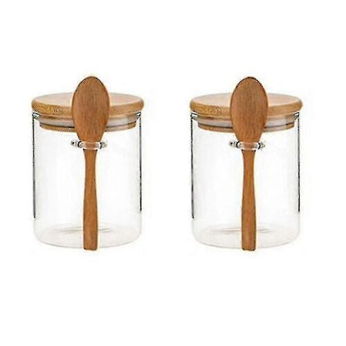 2pcs Sucrier Avec Couvercle En Bambou Et Cuillère Bocal En Verre Transparent Pour La Cuisine Storag