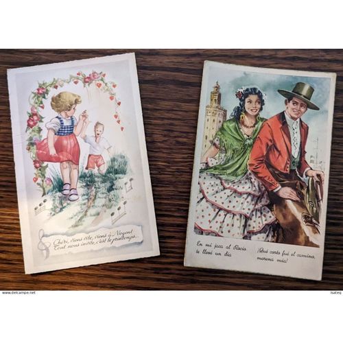 Lot De 2 Cartes Postales Anciennes En Couleur : Costumes Espagnoles Et Enfants