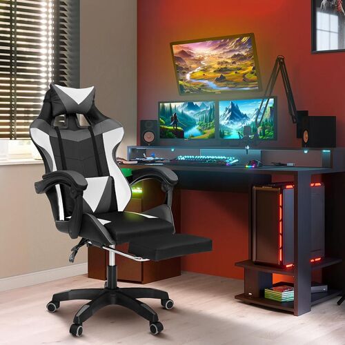 Fauteuil De Gaming Alex Réglable Avec Repose-Pied, Coussin De Tête Et Coussin Lombaire Noir Blanc Et Gris