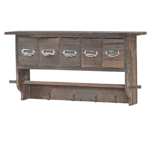 Portemanteau mural, étagère 5 tiroirs, 65x13x32cm, shabby chic, vintage   marron