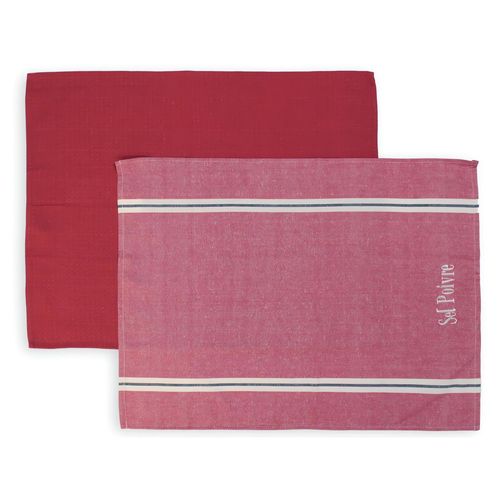 Lot De 2 Torchons En Coton Sel Et Poivre Rouge, Brodé 50x70 Cm