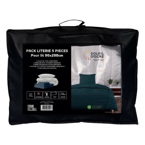 Ensemble Couette Et Parure 5 Pièces Boheme Bleu Canard Pour Lit En 90x200 Cm, Par Soleil D'ocre