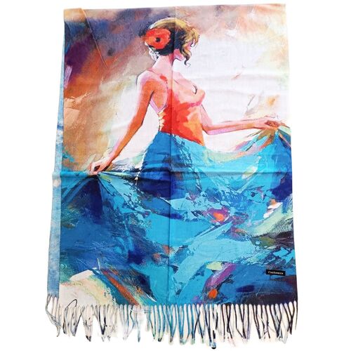 Promotion ! Écharpe Cachemire 'beaux Arts' Femme Qui Danse Bleu - 200x70 Cm